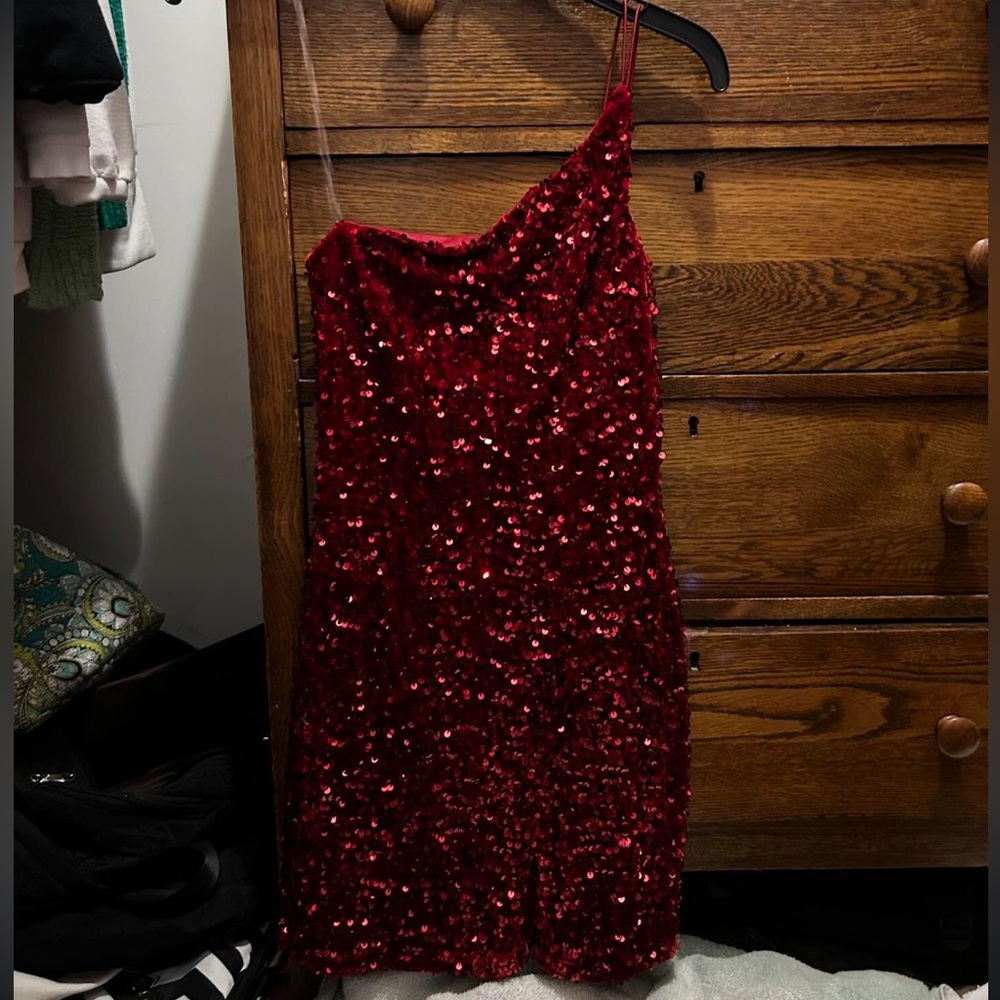 Red Sparkly One Shoulder Homecoming dress